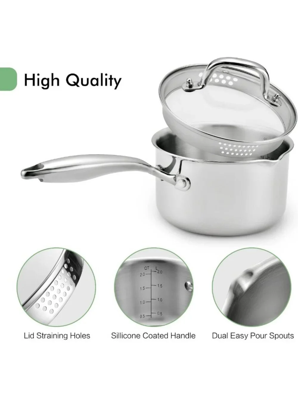 3.5 Quart Stainless Steel Saucepan with Glass Lid & Strainer, Induction Pot